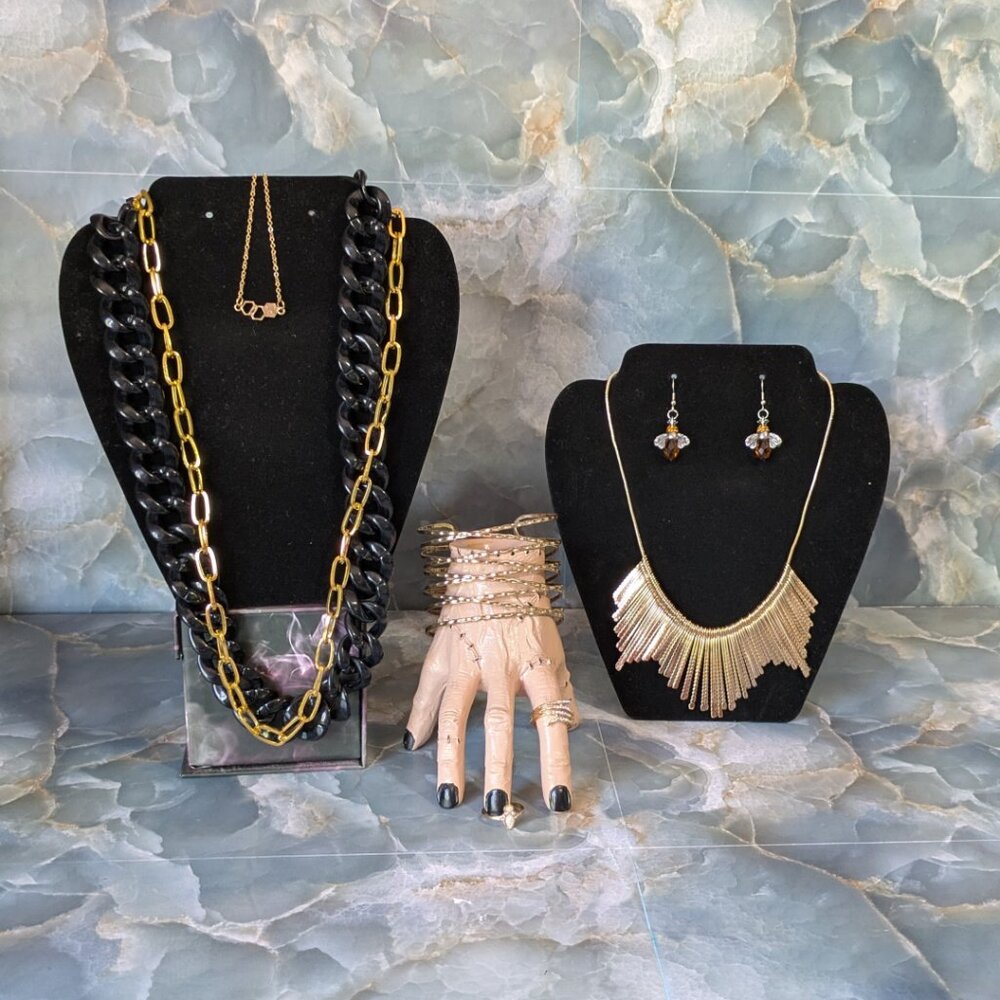 Fashion Jewelry Set: 2 Necklaces, Cuff Bracelet, Earrings, 2 Rings, & a Bracelet